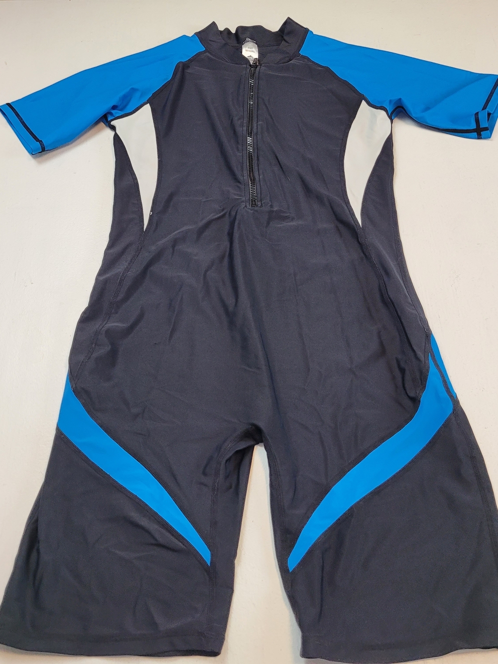 Black and Bright Blue Short Sleeve Swim Suit with Front Zip